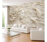 Papel Pintado Fotográfico No Tejido con Diseño De Dama Koi China En Nubes 200 × 140 cm (Ancho X Alto) Arte Mural Panorámico Mural De Arte Oriental Auspicioso para Sala De Té Dormitorio Principa