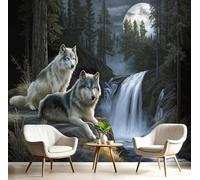 Papel pintado fotográfico no tejido con efecto 3D de bosque de lobos para dormitorio y sala de estar. Motivo XXL moderno de animales salvajes en cascadas, 250 cm x 175 cm. Pegatinas sin marco. Póster.