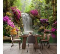 Papel pintado fotográfico no tejido con efecto 3D de cascada tropical, mural de flores y escena de bosque: decoración moderna y verde para salón, dormitorio u oficina, 250 cm x 175 cm, adhesivos, cuad
