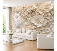 Papel Pintado Fotográfico No Tejido con Perfil Lateral De Dama Y Peonías 320 × 230 cm (Ancho X Alto). Arte Mural Panorámico Elegante Y Romántico con Figuras Florales para La Decoración De Inte