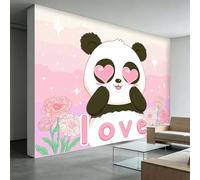 Papel pintado fotográfico no tejido, diseño de panda con ojos de corazón rosa, 350 x 256 cm, mural, divertido arte de dibujos animados, para sala de estar, dormitorio, oficina, cocina y baño