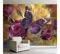 Papel pintado fotográfico no tejido, mariposa morada, rosa amarilla, 400 x 280 cm, mural, arte moderno, póster mural para sala de estar, dormitorio, oficina, cocina y baño