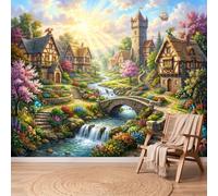 Papel pintado fotográfico no tejido pueblo medieval efecto 3D 350 x 256 cm, edificio pastoral papel pintado no tejido de alta calidad, para sala de estar, revestimiento de pared