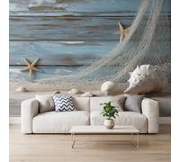 Papel pintado fotográfico no tejido tablero madera red melocotón estrella | Papel pintado panorámico de pared para dormitorio, salón, estilo vintage