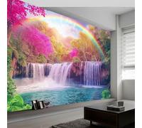 papel pintado fotográfico Paisaje Forestal Cascada Arcoíris, 350 x 256 cm Fotomurales no Tejido Papel Pintado Decoración de Pared moderna, Decorativos Murales para Dormitorio Salón TV Pared, Color