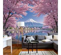Papel pintado fotográfico, paisaje romántico de cerezos en flor, azul cielo, papel pintado fotográfico para dormitorio y salón, decoración de pared con efecto 3D, Monte Fuji, lago, 400 cm x 280 cm