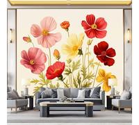 Papel pintado fotográfico panorámico Cosmos Rosa Y Amarillo - Estilo Retro Premium No Tejido mural decorativo de pared para salón y dormitorio, 450 x 280 cm (W x H)