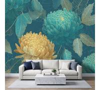 Papel pintado fotográfico panorámico de crisantemo dorado, 300 x 210 cm | Murales de pared no tejidos, papel tapiz de follaje verde azulado oscuro 3D para sala de estar, cocina, comedor, dormitorio