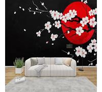 Papel pintado fotográfico para dormitorio japonés, 3D Flor de cerezo No tejido Rosa Rojo Sala de estar Patrón Sol Rojo Japonés Decoración de pared Papel pintado para habitación infantil, 350cmx256cm A