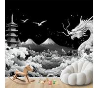 Papel pintado fotográfico para dormitorio japonés, patrón de dragón chino 3D no tejido en blanco y negro para sala de estar, decoración de pared asiática para habitación infantil, 200 cm x 140 cm, adh