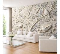 Papel Pintado Fotográfico Premium No Tejido con Pájaros En La Rama De Un Árbol 300 × 210 cm (Ancho X Alto). Gran Revestimiento De Pared Botánico con Pájaros De La Suerte para Sala De Estar Dor