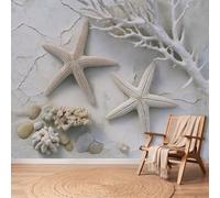 Papel pintado fotográfico rústico costero, 350 x 256 cm, XXL, moderno papel pintado para salón, dormitorio, estrella de mar, coral, guijarros, efecto 3D, montaje rápido, resistente a la luz