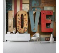 Papel Pintado Fotográfico Shabby Chic, 250 x 175 cm mural decoración para Salón Dormitorio Comedor - Retro Tablones De Madera Letras Patrón Papel Pintado no tejido(Not Peel And Stick)