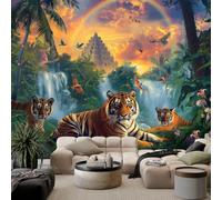 Papel pintado fotográfico verde con efecto 3D, 450 x 280 cm, diseño de animales de la selva, tigre y pájaros, papel pintado de fieltro de alta calidad, para dormitorio, habitación infantil, salón