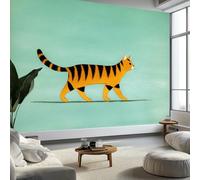 Papel pintado fotográfico vintage, pintura al óleo, gato atigrado animal, 200 x 140 cm, color verde claro, mural de pared moderno de forro polar no tejido, arte de pared para dormitorio, sala de estar