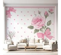 Papel pintado fotográfico vintage romántico dulce sin olor, rosas rosas rosas con lunares no tejidos, para salón, dormitorio, 250 x 150 cm, póster panorámico para habitación infantil