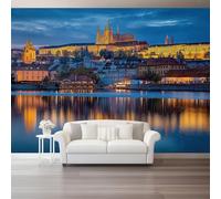 Papel pintado fotográfico Vista nocturna realista de Praga notejido efecto 250 x 175 cm Fotomurales - para salón dormitorio moderno mural de pared panorámico Azul