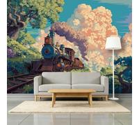 Papel pintado fotográfico XXL 3D verde pino, 500 x 280 cm - Vintage Cartoon tren de vapor bosque de alta calidad Papel pintado no tejido con motivo azul Papel pintado decoración de pared para estudio