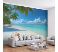 Papel pintado fotográfico XXL, diseño de la costa marina, 450 x 315 cm, paisaje tropical botánico de palmera, concha de alta definición, papel pintado no tejido, decoración de pared estable para salón