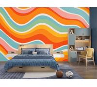 Papel Pintado Fotomural 200X140Cm Geometría Las Olas Bohemias Arte Retro Los Años 70 Tejido No Tejido Fotomural 3D | Mural De Pared Papel Pintado Decoración Salón Dormitorio, Color Naranja