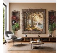 Papel Pintado Fotomural 200X140Cm Paisaje Marino Con Bosque Otoñal Marcos Fotos Madera Rústica Tejido No Tejido Fotomural 3D | Mural De Pared Papel Pintado Decoración Salón Dormitorio, Beige