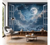 Papel Pintado Fotomural 250X175Cm Cielo Estrellado Ensueño Luna Llena Vista Tranquila Desde Ventana Tejido No Tejido Fotomural 3D | Mural De Pared Papel Pintado Decoración Salón Dormitorio,Azul Oscuro