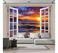 Papel Pintado Fotomural 250X175Cm Olas Paisaje Playa Espectacular Puesta Sol Nubes Fuego Tejido No Tejido Fotomural 3D | Mural De Pared Papel Pintado Decoración Salón Dormitorio, Naranja Oscuro