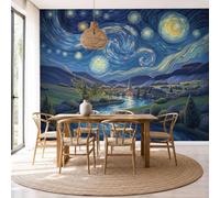 Papel Pintado Fotomural 250X175Cm Pintura Óleo Abstracta Noche Estrellada Paisaje Pueblo Rural Tejido No Tejido Fotomural 3D | Mural De Pared Papel Pintado Decoración Salón Dormitorio, Azul Marino