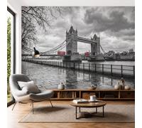 Papel Pintado Fotomural 300X210Cm Autobús Dos Pisos Londres Puente Paisaje Urbano Retro Tejido No Tejido Fotomural 3D | Mural De Pared Papel Pintado Decoración Salón Dormitorio, Blanco Negro