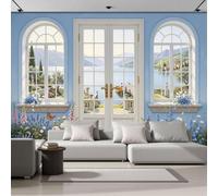 Papel Pintado Fotomural 300X210Cm Vista Natural Lago Rural Puertas Ventanas Modernas Floral Tejido No Tejido Fotomural 3D | Mural De Pared Papel Pintado Decoración Salón Dormitorio, Azul