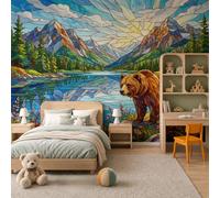 Papel Pintado Fotomural 350X256Cm Paisaje Rural Través Una Ventana Cristal Oso Montañas Lago Tejido No Tejido Fotomural 3D | Mural De Pared Papel Pintado Decoración Salón Dormitorio, Azul Marino