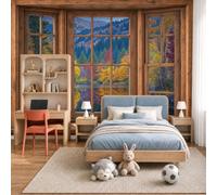 Papel Pintado Fotomural 400X280Cm Vista Desde Ventana Bosque Otoñal Ribera Natural Lago Montañas Tejido No Tejido Fotomural 3D | Mural De Pared Papel Pintado Decoración Salón Dormitorio, Azul
