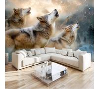 Papel Pintado Fotomural Animales Manada Lobos Estrellas Selva 200 x 140 cm, Mural de Pared Panorámico Gris Grafito para Decoración de Salón, Dormitorio y Habitación Infantil, Ideal para Fondo de TV