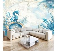 Papel Pintado Fotomural Paredes Mural Lana Papel Pintado 350 x 256 cm Papel tapiz Caballito De Mar De Algas Náuticas Decoración para comedores Salones Habitaciones Sala Cuarto Oficina Salón