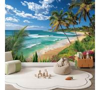 Papel Pintado Fotomural Playa Planta Flores, 350 x 256 cm Papel Pintado Pared Salón Dormitorio Habitación Infantil Paisaje Costa Efecto 3D Papel Pintado no Tejido, Pasillo Comedor Pared Decoración