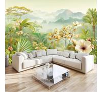 Papel Pintado Fotomural Retro Rústico Tropical Plantas Flores Selva 400 x 280 cm, Mural de Pared Panorámico Verde Esmeralda para Decoración de Salón, Dormitorio y Habitación Infantil, para Fondo de TV
