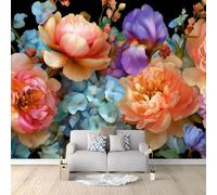 Papel Pintado Fotomural Vintage Ilustración Peonía Ramos Ornamentado 400 x 280 cm, Mural de Pared Panorámico Rosa Oscuro para Decoración de Salón, Dormitorio y Habitación Infantil, para Fondo de TV