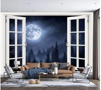 Papel Pintado Fotomurales Bosque Abetos Papel Tapiz Pintado en Tejido seda Decorativos Murales Fotográfico XXL Escena Nocturna Oscura Realista Revestimiento de Pared para Salon Oficina, 450x315cm