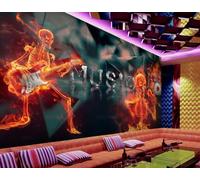 Papel Pintado Fresco Negro Tridimensional Guitarra Música Llama Tema Club Nocturno Bar Restaurante Occidental Fondo Mural De Pared Té De La Tarde Cafetería Papel Pintado,3D,400x280cm