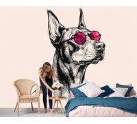 Papel Pintado Gafas De Sol Doberman Pinscher Pared 3D Papel Tapiz - Animal Dibujo Lineal Murales Tapiz Fotomural para Sala Cuarto Oficina Salón Tv Fondo Pared Dormitorio Decoración, Rosa Negro