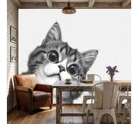 Papel Pintado Gato Asomándose 400x280cm Fotomurales Seda Lindos Animales En Acuarela, Realismo Papel Tapiz Grande Murales Fotográfico Moderno Decoración De Paredes, Gris