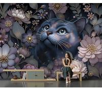 Papel Pintado Gatos Flores, Fotomurales Pared Tejido Fantasía Animales, Rosa Papel Tapiz Sala Póster Fotomurales Decoración De Pared, para Dormitorio Comedor Murales 350 x 256 cm