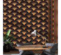Papel Pintado Geometrico Dorado, 44 x 600 cm Papel Pintado Negro y Dorado Adornos en Forma de Abanico Geométrico Vinilo Adhesivo para Muebles,Armarios,Libreria,Sala de Estar, Dormitorio,Baño,Cocina