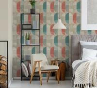 Papel Pintado Geométrico Patrón Retro, Escandinavo Estilo - Beige, Rojo, Azul