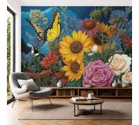 Papel Pintado Girasoles Margaritas Mariposas Jardín Pintado Al Óleo Realista 200 × 140 Cm Fotomurales Pared Seda Decorativos Murales Fotográfico De Paredes Salón Dormitorio Habitación Amarillo