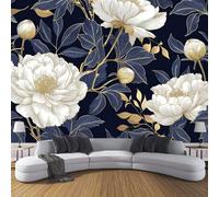 Papel Pintado Gracia 400×280cm Pétalos Peonía Blanca Lámina Oro Papel pintado tejido de seda Murales Decoración Sala Cuarto Oficina Pared Decoración Azul Negro Moderna Fondo De Pantalla Murales