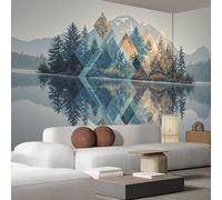 Papel Pintado Gris Lago Del Bosque Paisaje 400X280Cm Efectos 3D Papel Tapiz Fotográfico Geometría Moderna Póster Fotomurales Decoración Pared Para Dormitorio Salón Decorativos Murales