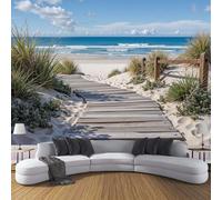 Papel Pintado Hermosas Dunas Arena Papel Tapiz Fotográfico Pasarela Madera La Playa Papel de Pared Sala Póster Fotomurales Decoración De Pared para Salón Dormitorio Comedor, 450x315cm, Azul Claro