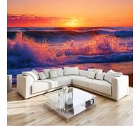 Papel Pintado Hermosas Olas Al Atardecer En La Playa Paisaje 350 x 256 cm, Color Tejido No Tejido Póster Fotomurales Decoración Pared, Para Dormitorio Salón Decorativos Murales