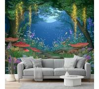 Papel pintado Hongos brillantes del bosque de cuentos de hadas Papel pintado tejido no tejido 400 x 280 cm decoración Pared decorativos Tv Fondo Pared Dormitorio Murales Papel Azul colorido